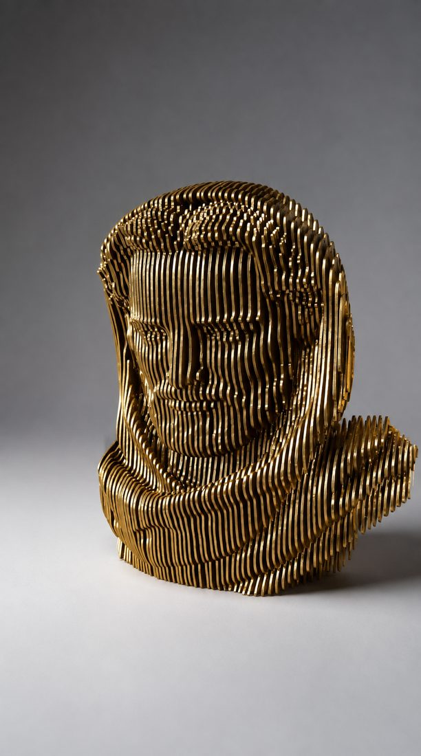 Escultura Cristo, busto em lâminas de aço dourado