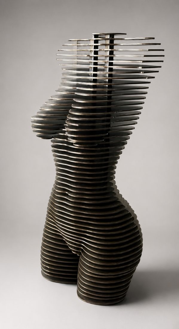 Escultura Torso, figura em camadas de aço empilhadas